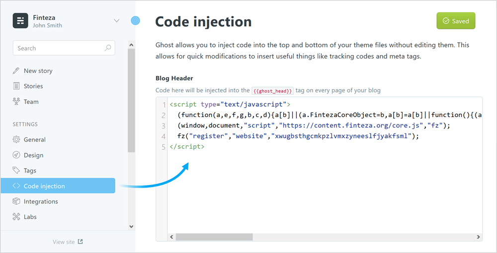 الصق رمز Finteza في Code injection \ Blog Header