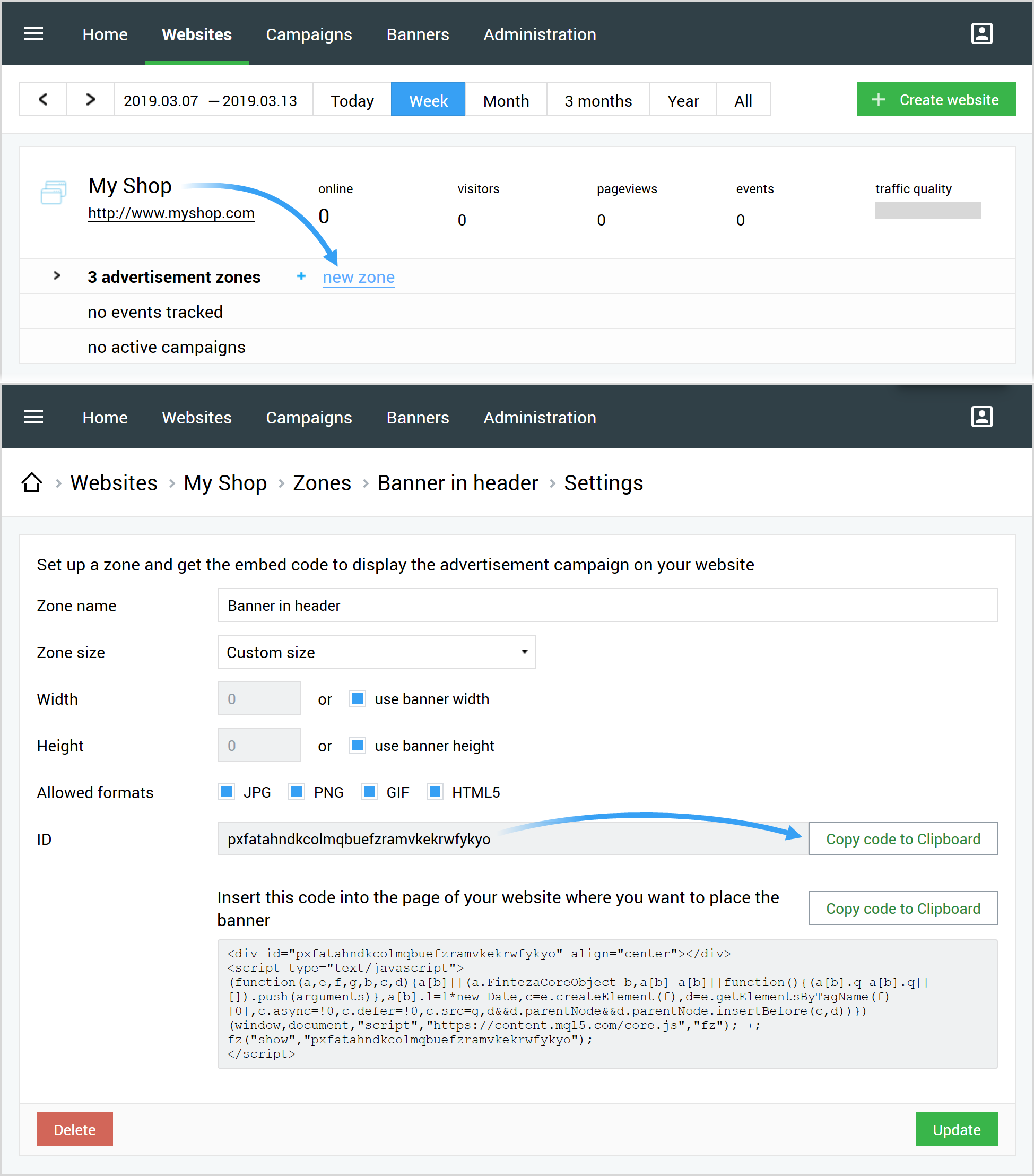 Oprettelse af en annoncezone for et websted/applikation