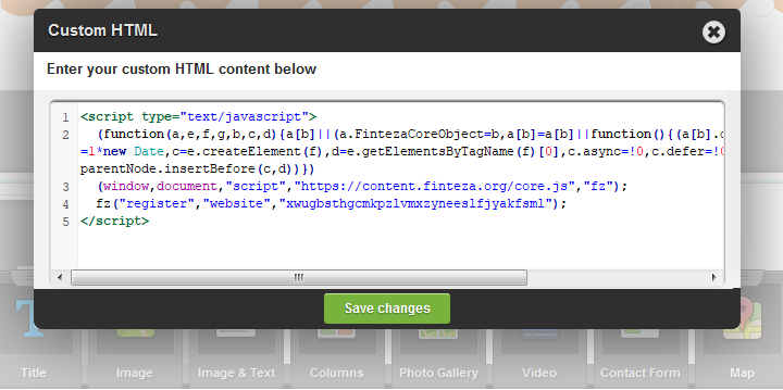 Fügen Sie den Finteza-Code ein und klicken Sie auf "Save changes"