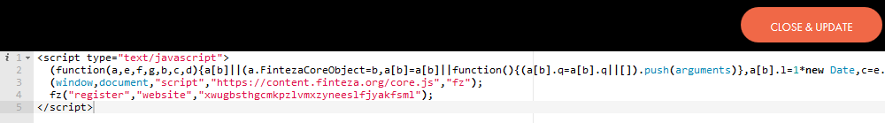 Collez le code Finteza et cliquez sur le bouton "Fermer & Mettre à jour"