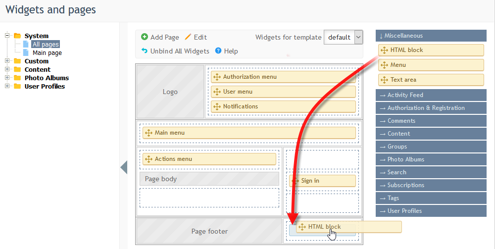 Trascina il blocco HTML su "Page footer"