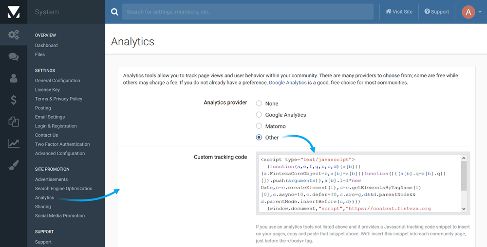 Incolla il codice Finteza nel campo "Custom tracking code"