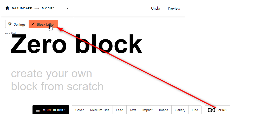 Fare clic su Zero block > Block Editor