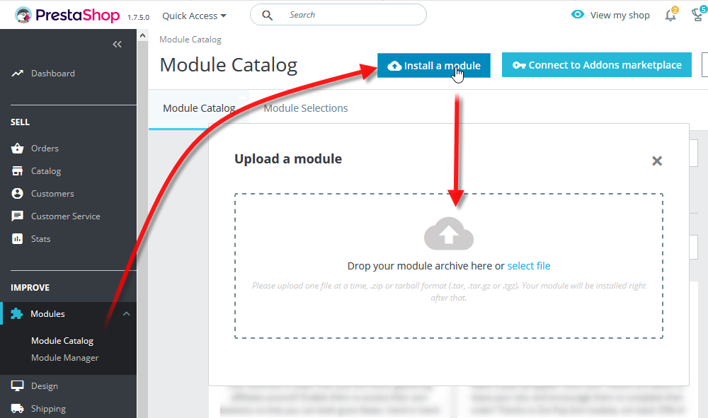 사이트에 로그인하고 제어판에서 Improve -> Modules -> Module catalog로 이동