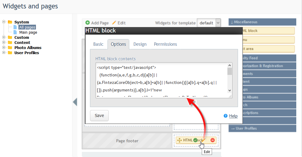 W edytorze "blok HTML" otwórz zakładkę Opcje i wklej kod Fintezy.