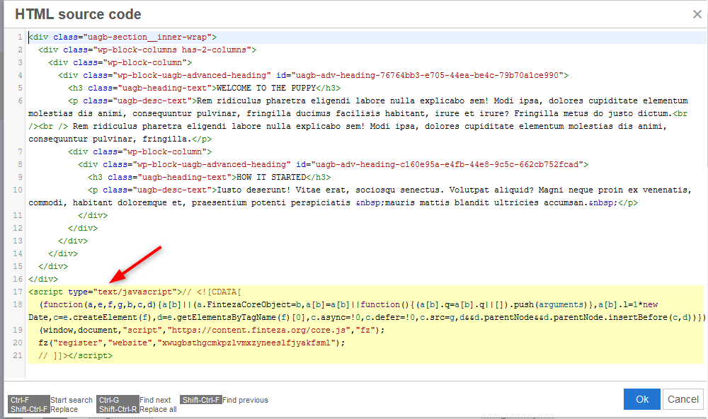 Wklej kod Fintezy na dole kodu źródłowego strony i kliknij przycisk OK.